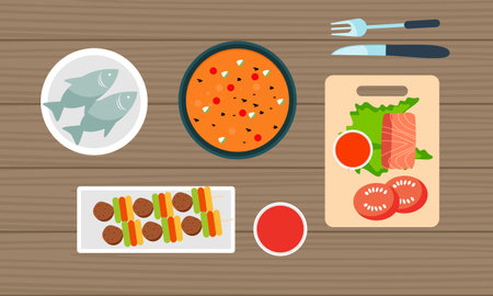 Dining table with dishes in top view. Restaurant asian cuisineのイラスト素材