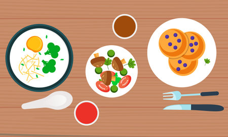 Dining table with dishes in top view. Restaurant asian cuisineのイラスト素材