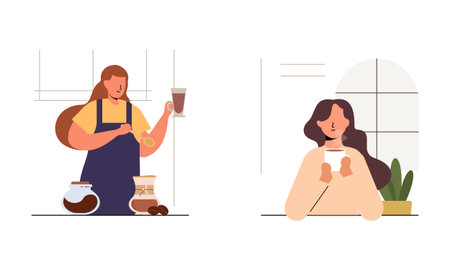 People spend their free time drinking a mug of coffee illustrationのイラスト素材