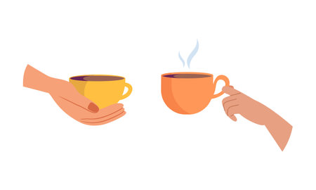 Hands with hot drink cups. Beverages ceramic mugsのイラスト素材