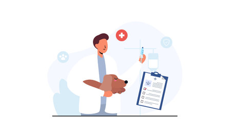 Pet veterinarian concept. Veterinary doctor checking and treating illustrationのイラスト素材