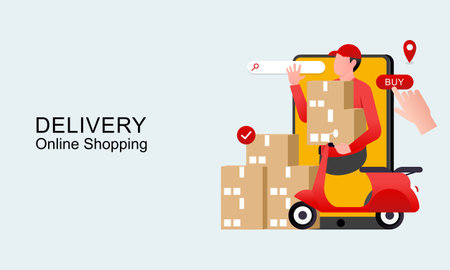 Delivery man drives a scooter out of a cart and online shopping conceptのイラスト素材