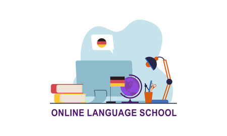 Online language school banner. Concept of digital training foreign languages, distance studyのイラスト素材