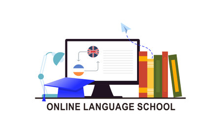 Online language school banner. Concept of digital training foreign languages, distance studyのイラスト素材