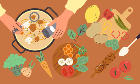 Food cooking top view. Sign or poster for restaurant menu with dish cook. Chef cooking at kitchen wiのイラスト素材