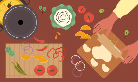 Food cooking top view. Sign or poster for restaurant menu with dish cook. Chef cooking at kitchen wiのイラスト素材