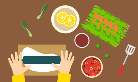 Food cooking top view. Sign or poster for restaurant menu with dish cook. Chef cooking at kitchen wiのイラスト素材