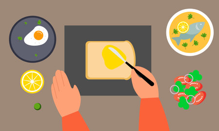 Food cooking top view. Sign or poster for restaurant menu with dish cook. Chef cooking at kitchen wiのイラスト素材