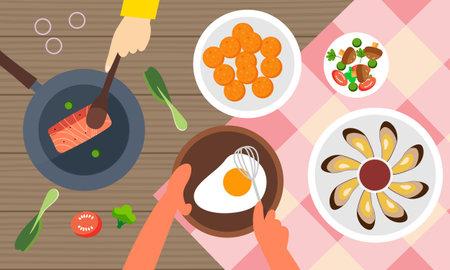 Food cooking top view. Sign or poster for restaurant menu with dish cook. Chef cooking at kitchen wiのイラスト素材