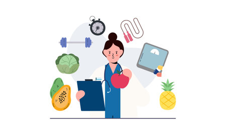 Nutritionist woman with weight loss program and diet plan. Healthy food, vitamins, sport iconsのイラスト素材