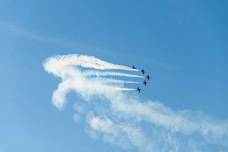 superjet plane in the sky, combat aircraft in the skyの写真素材
