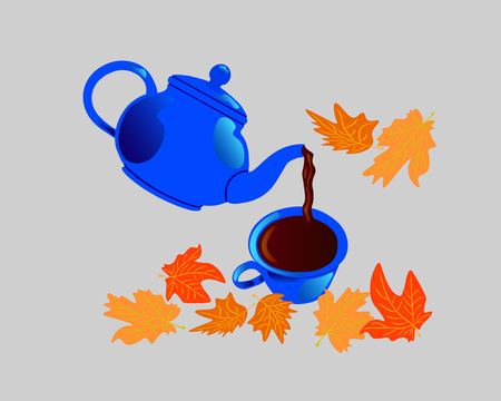From the blue kettle, tea is poured into a cup. Yellow fallen maple leaves are nearby.のイラスト素材