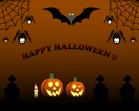 Halloween night background with graves, pumpkins, spiders and bat.のイラスト素材