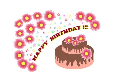 Isolated on white background there are flowers, chocolate cake and inscription
Â  HAPPY BIRTHDAY, strewn with starsのイラスト素材