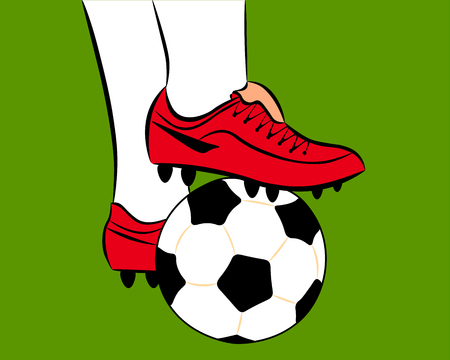Isolated on a green background, you can see a white football ball pressed against the grass by the feet of a football player.のイラスト素材