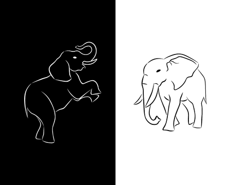 The canvas is divided into black and white sides. On the white side is the silhouette of a black elephant and on the black side is the silhouette of a white elephant.のイラスト素材
