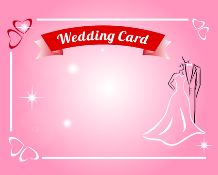 on a pink background in a white frame with hearts is the inscription WEDDING CARD and silhouettes of the bride and groom.のイラスト素材