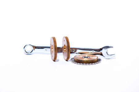 Gears collage isolated on white background ,Adjustable wrench isolated on white backgroundの写真素材