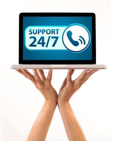 laptop with support 24/7 , isolated on white