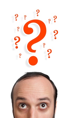 Young white Caucasian male adult has way too many questions in his headの写真素材