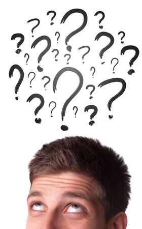 Young man with Speech Bubbles over his head, isolated on white backgroundの写真素材