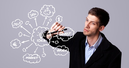 male businessman with marker writing ideas on writeboardの写真素材