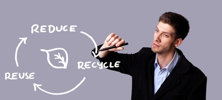 male businessman with marker writing eco ideas on writeboard の写真素材