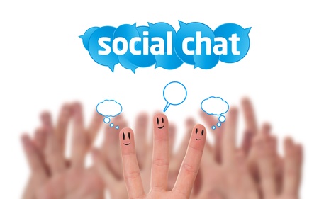 Happy group of finger smileys with social chat sign and speech bubbles の写真素材