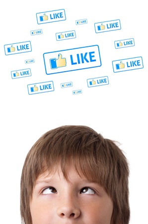 Young persons head looking with gesture at social type of icons and signsの写真素材