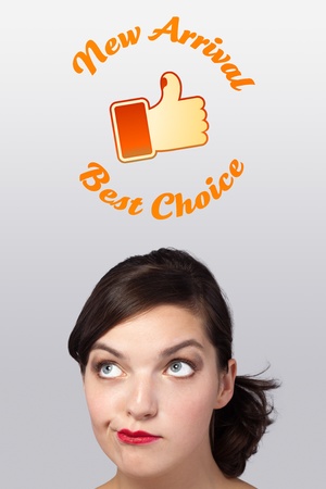 Young persons head looking with gesture at shipping and order signsの写真素材