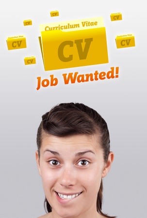 Young girl head looking with gesture at labor type of iconsの写真素材