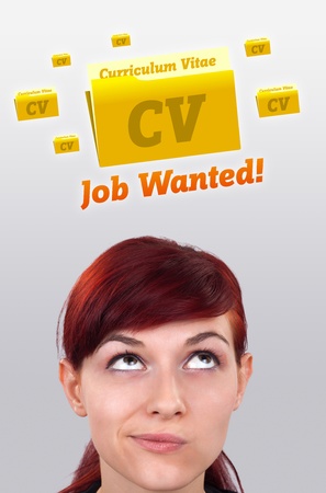 Young girl head looking with gesture at labor type of iconsの写真素材