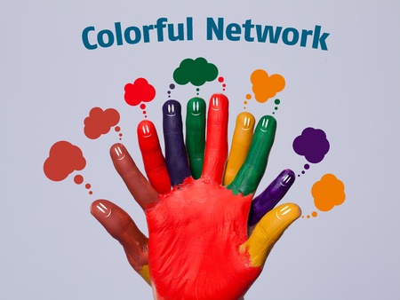 Colorful happy finger smileys with network sign on grey backgroundの写真素材