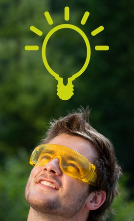 Young persons head looking with gesture at idea type of signの写真素材