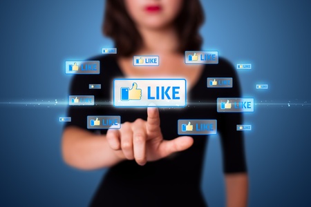 Businesswoman pressing modern social buttons on a virtual background