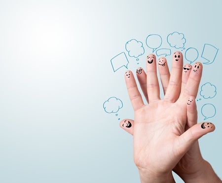Happy finger smileys with speech bubbles.