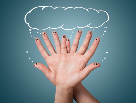 happy group of eggs with copyspace over their headの写真素材