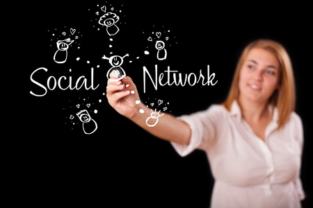 Young woman draving social network theme on whiteboardの写真素材