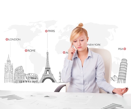 Beautiful young businesswoman with world map and major landmarks of the worldの写真素材