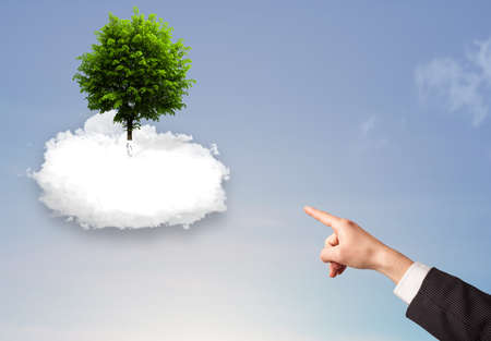 Hand pointing at a green tree on top of a white cloud conceptの写真素材