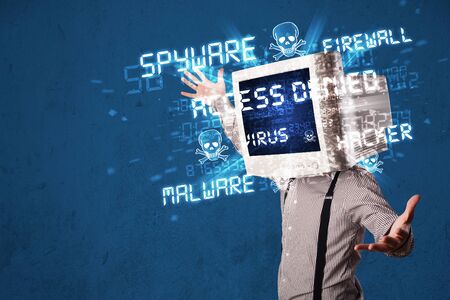 Monitor head person with hacker type of signs on the blue screenの写真素材