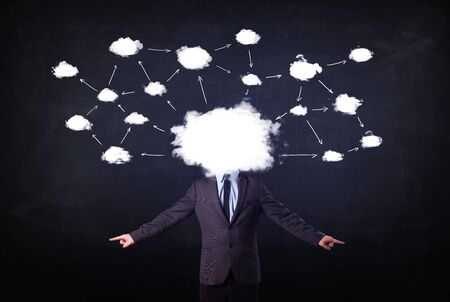 Business man with cloud network head on grungy backgroundの写真素材