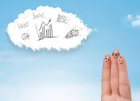 Happy cheerful smiley fingers looking at cloud with hand drawn chartsの写真素材