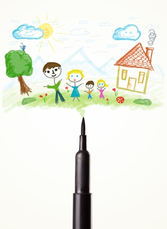 Colored felt pen close-up with a paint drawing of a familyの写真素材