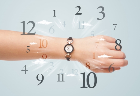 Hand with watch and numbers comming out on the sideの写真素材