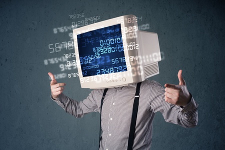 Human monitor pc calculating computer data on a blue screenの写真素材