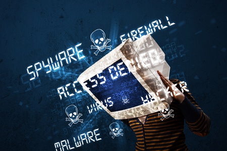 Monitor head person with hacker type of signs on the blue screenの写真素材