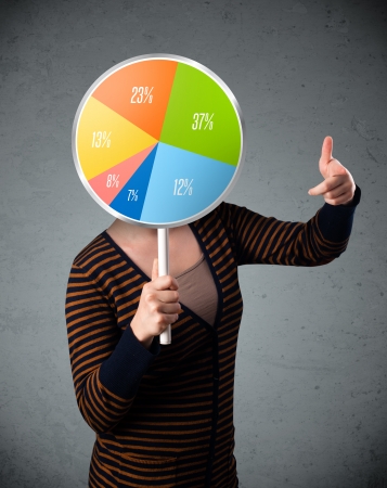 Young lady holding a colorful pie chart in front of her headの写真素材