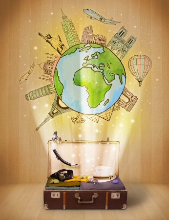 Luggage with travel around the world illustration concept on grungy background