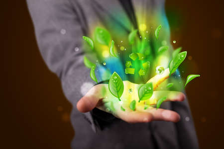 Young business man in suit presenting eco green leaf recycle energy conceptの写真素材